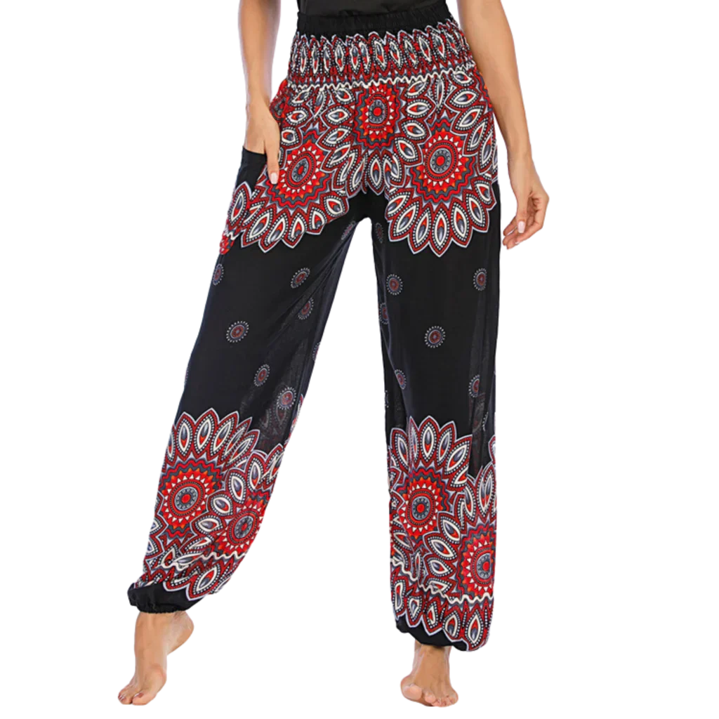 Colorful bohemian-style harem pants with peacock feather and geometric patterns, black colored, front view - BOHO SMOCKED ALADDIN PANTS FOR LADIES