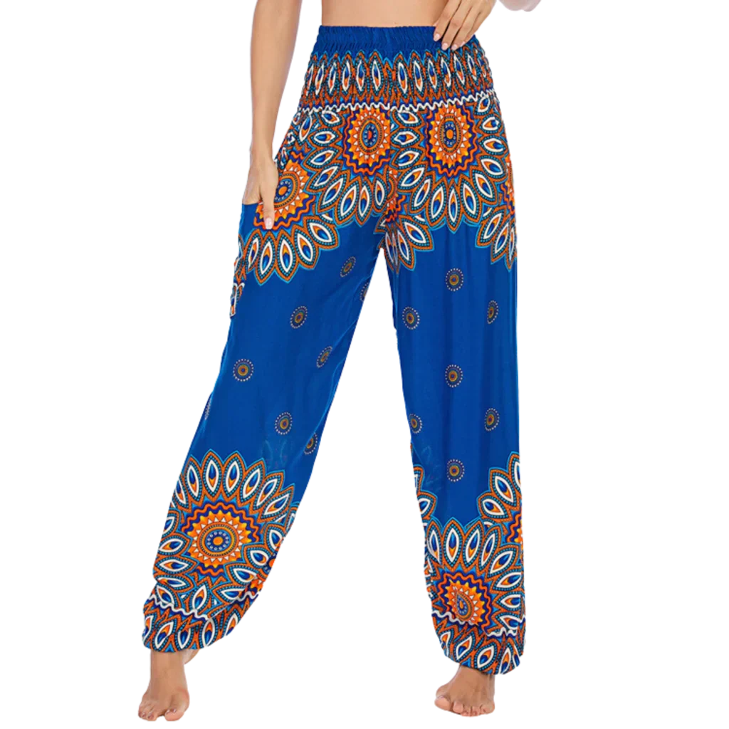 Colorful bohemian-style harem pants with peacock feather and geometric patterns, blue colored, front view - BOHO SMOCKED ALADDIN PANTS FOR LADIES