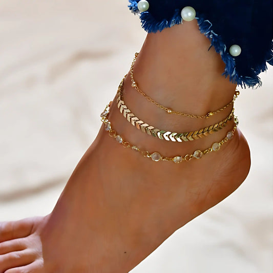 BOHO STYLE BEADED ANKLET WITH CUBIC ZIRCONIA - Golden B