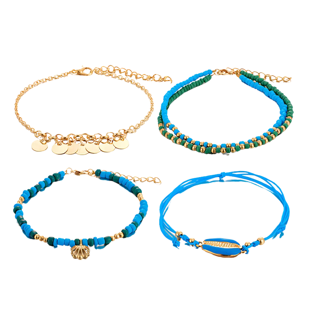 BOHO STYLE BRAIDED SHELL ANKLET FOR WOMEN - Set of 4