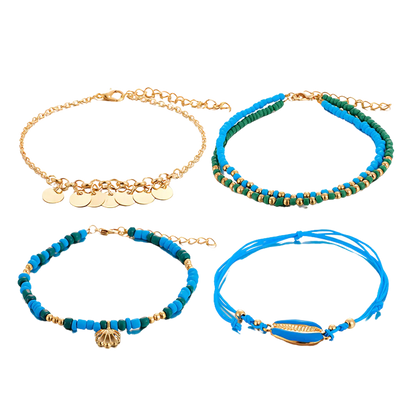 BOHO STYLE BRAIDED SHELL ANKLET FOR WOMEN - Set of 4