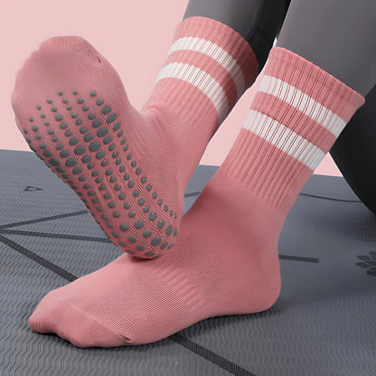 BREATHABLE COTTON YOGA SOCKS FOR WOMEN - 2 White Bars Pink / One Size - Yoga Socks