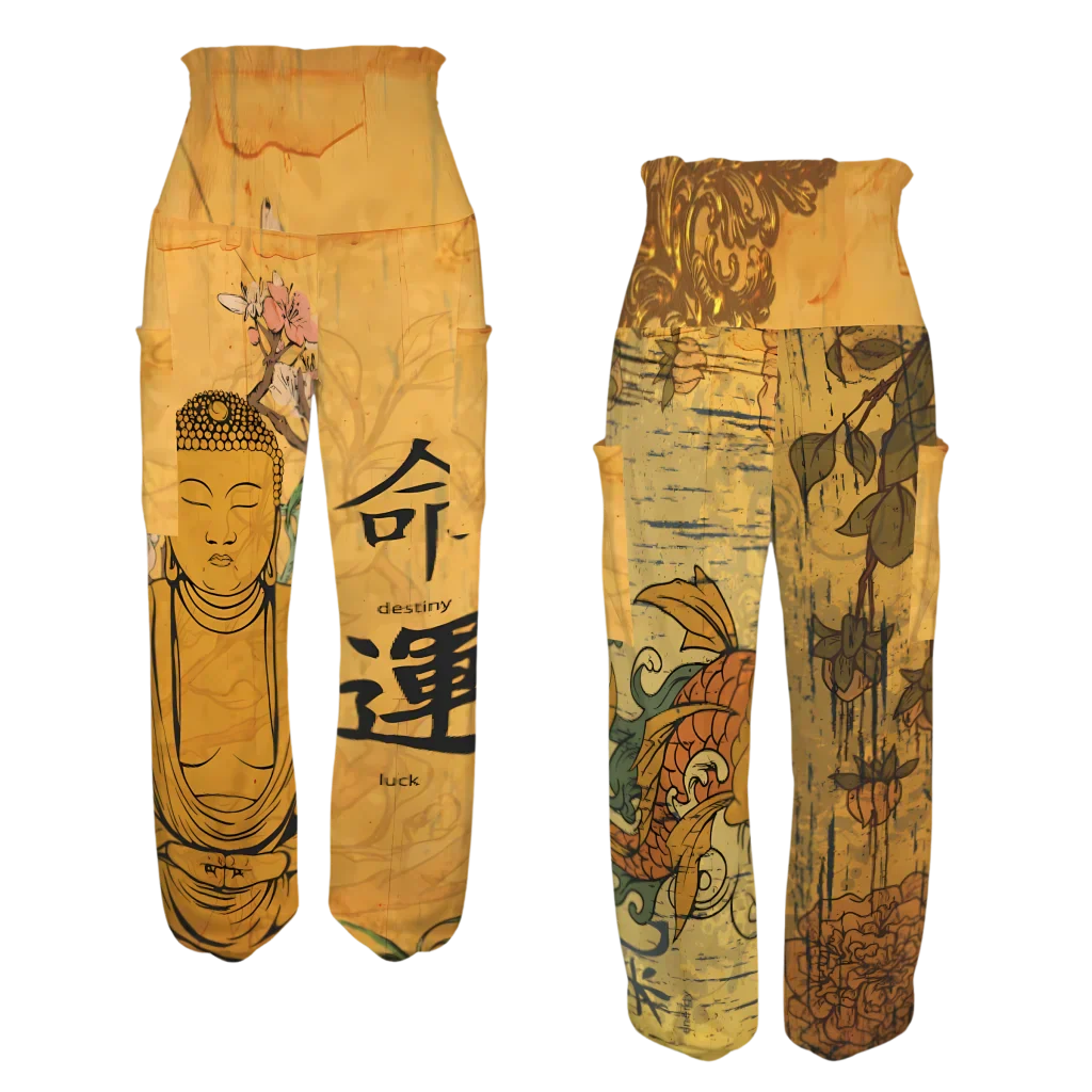 Yellow harem pants featuring a Buddha design and Chinese characters, front-back view - BUDDHA SAKURA BLOSSOM ALADDIN PANTS FOR LADIES