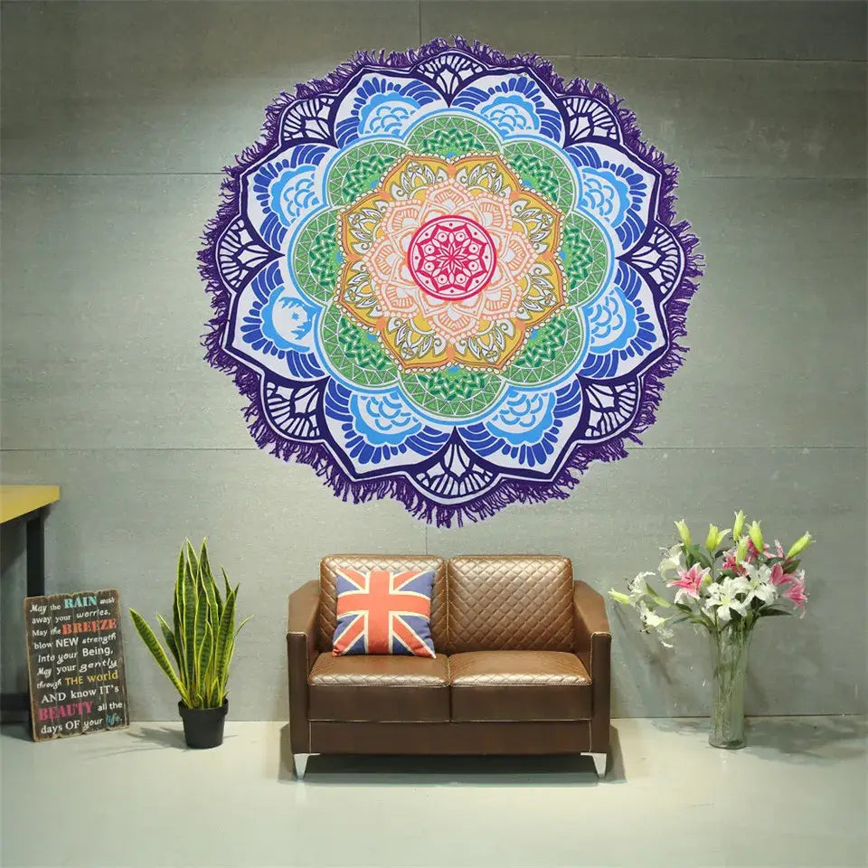 BOHO ROUND BEACH YOGA MAT WITH ETHNIC PRINT & TASSELS