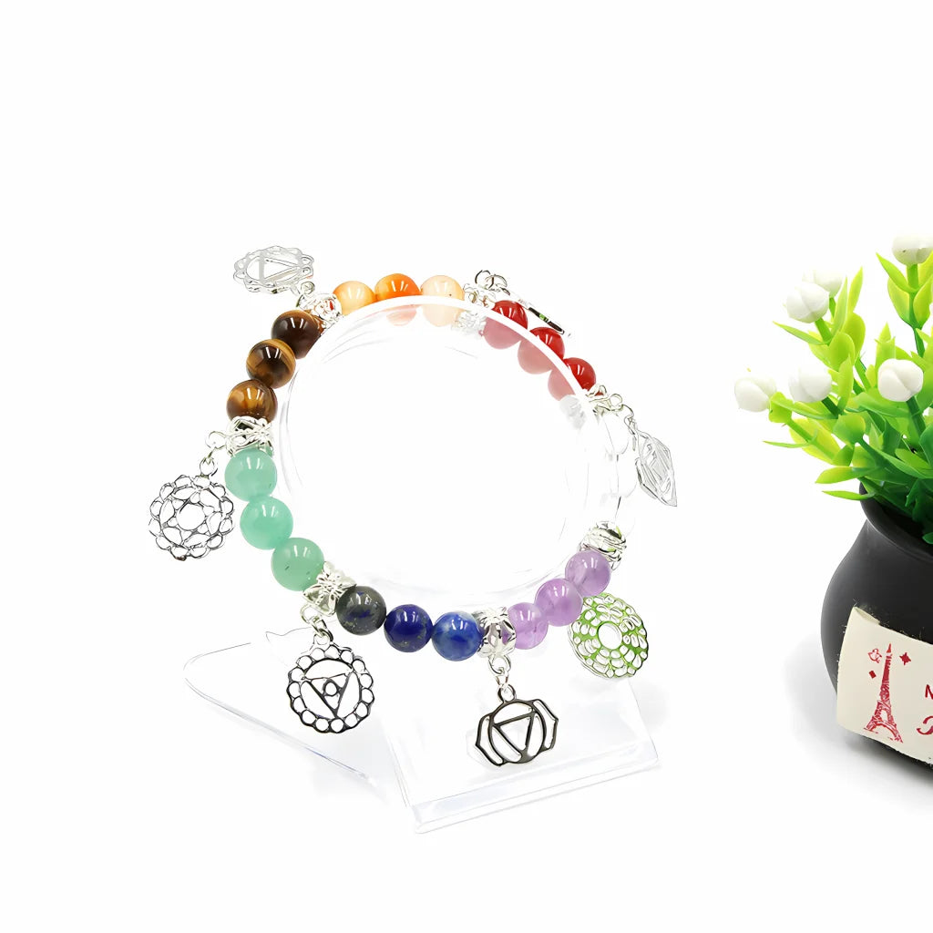 CHAKRA BRACELET WITH YOGA SYMBOLS FOR ENERGY BALANCE - Silver - Bracelet