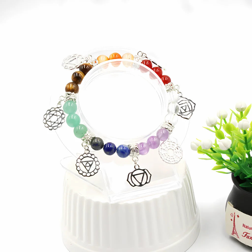 CHAKRA BRACELET WITH YOGA SYMBOLS FOR ENERGY BALANCE - Silver - Bracelet