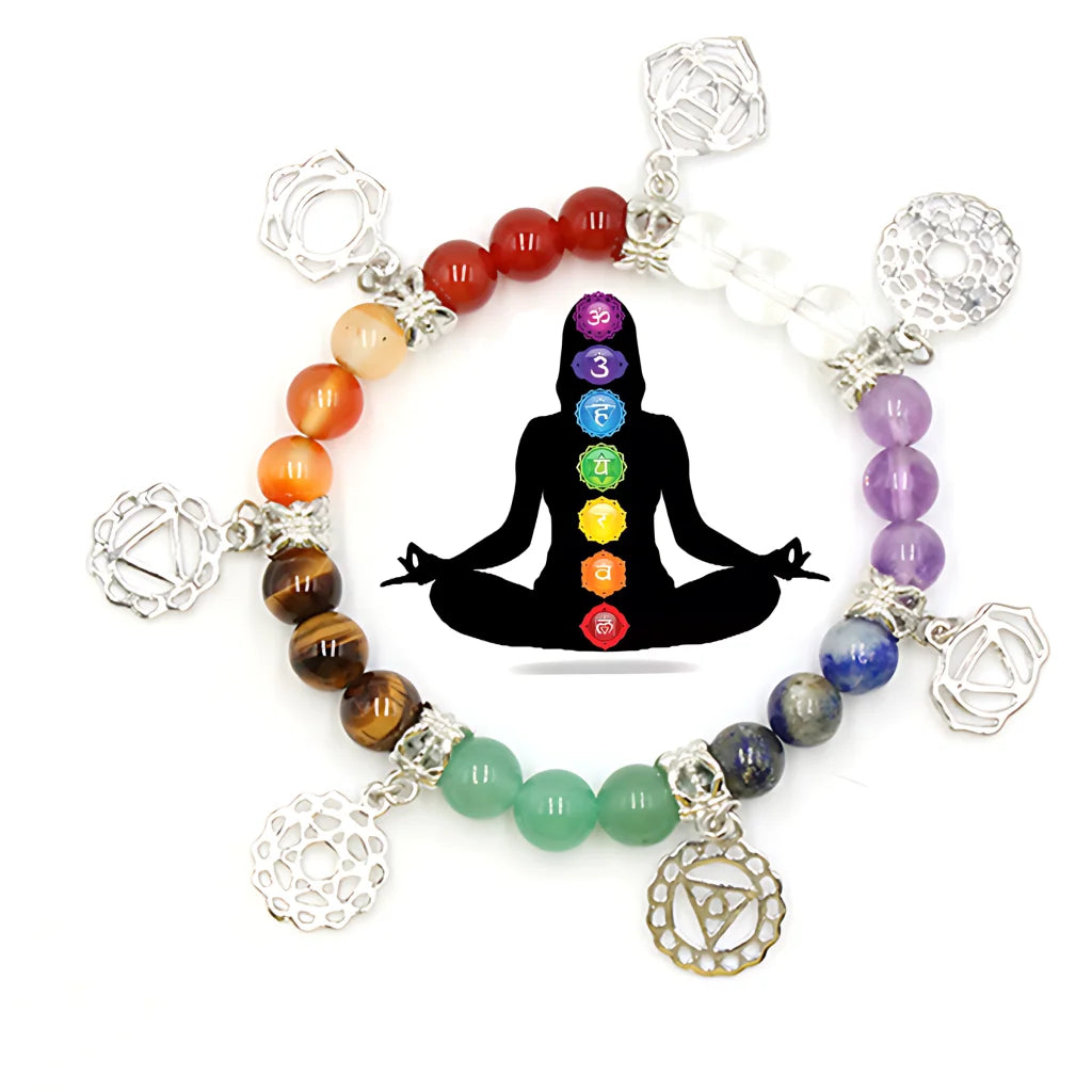 CHAKRA BRACELET WITH YOGA SYMBOLS FOR ENERGY BALANCE - Silver - Bracelet