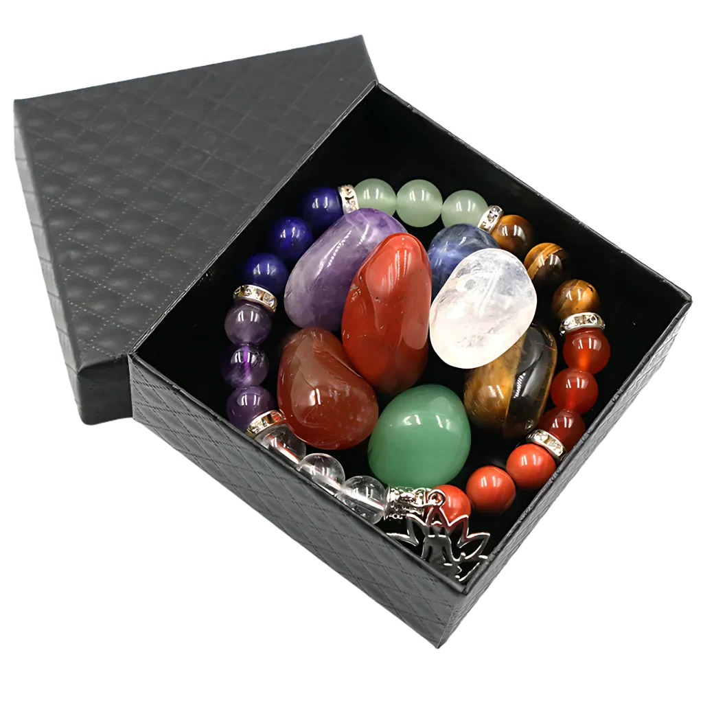 COLORFUL TUMBLED STONES BRACELET FOR SPIRITUAL BALANCE - Yoga Symbol Bracelet Set - Tumbled Stones