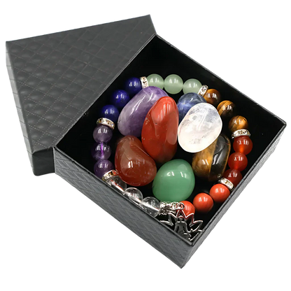 COLORFUL TUMBLED STONES BRACELET FOR SPIRITUAL BALANCE - Yoga Symbol Bracelet Set - Tumbled Stones