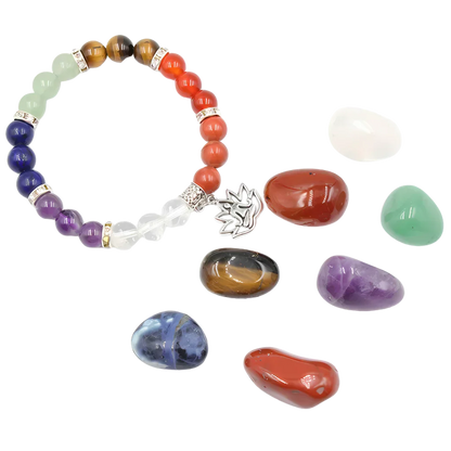 COLORFUL TUMBLED STONES BRACELET FOR SPIRITUAL BALANCE - Yoga Symbol Bracelet Set - Tumbled Stones