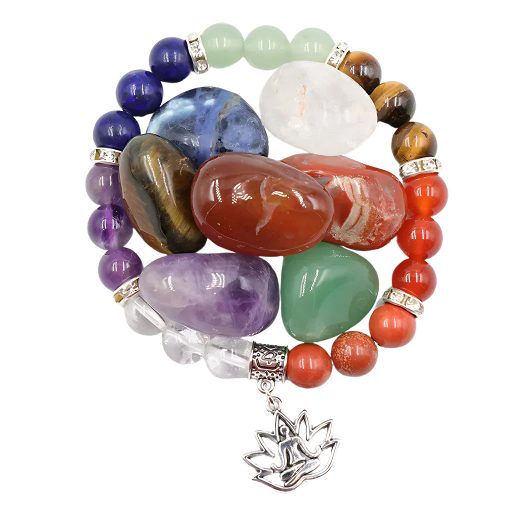 COLORFUL TUMBLED STONES BRACELET FOR SPIRITUAL BALANCE - Yoga Symbol Bracelet Set - Tumbled Stones