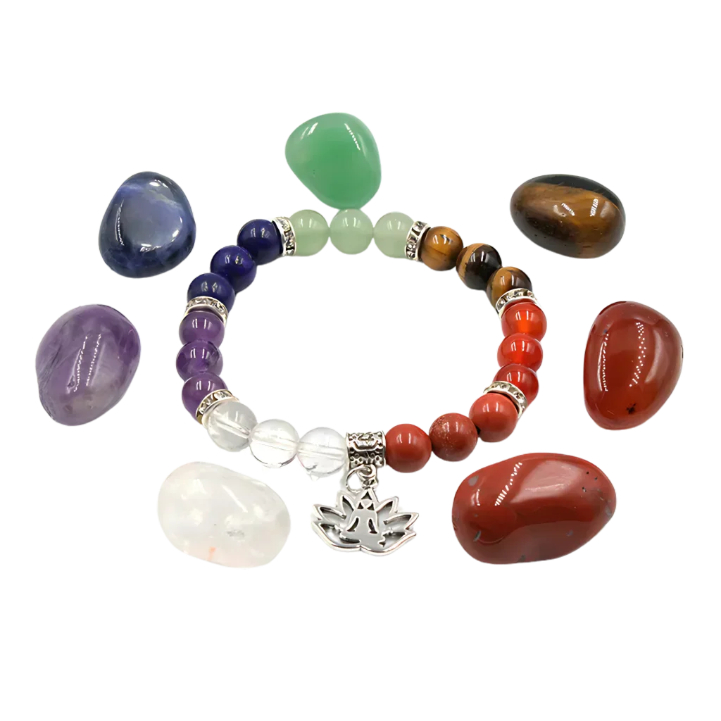 COLORFUL TUMBLED STONES BRACELET FOR SPIRITUAL BALANCE - Yoga Symbol Bracelet Set - Tumbled Stones