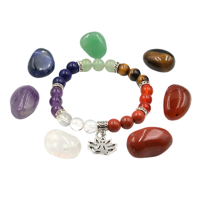COLORFUL TUMBLED STONES BRACELET FOR SPIRITUAL BALANCE - Yoga Symbol Bracelet Set - Tumbled Stones