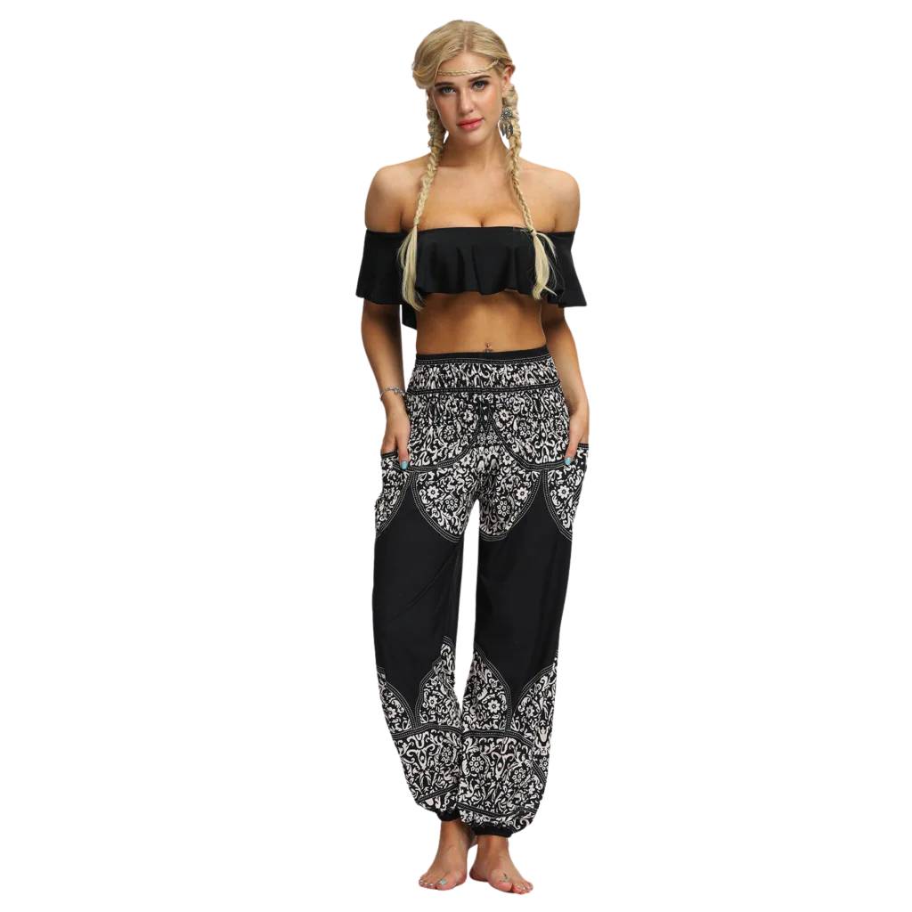 Black and white patterned harem pants with a mandala design, front view -DIGITAL PRINTED BOHO SMOCKED ALADDIN PANTS FOR LADIES