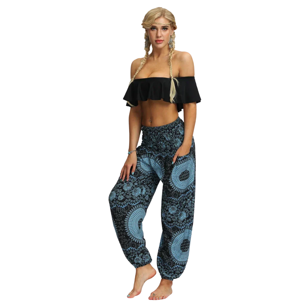 Black and Blue patterned harem pants with a mandala design, front view -DIGITAL PRINTED BOHO SMOCKED ALADDIN PANTS FOR LADIES