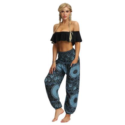 Black and Blue patterned harem pants with a mandala design, front view -DIGITAL PRINTED BOHO SMOCKED ALADDIN PANTS FOR LADIES