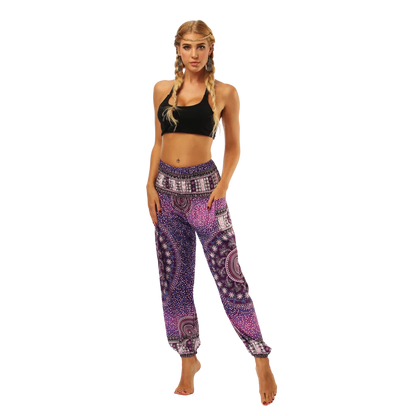 Purple and white patterned harem pants with a mandala design, front view -DIGITAL PRINTED BOHO SMOCKED ALADDIN PANTS FOR LADIES