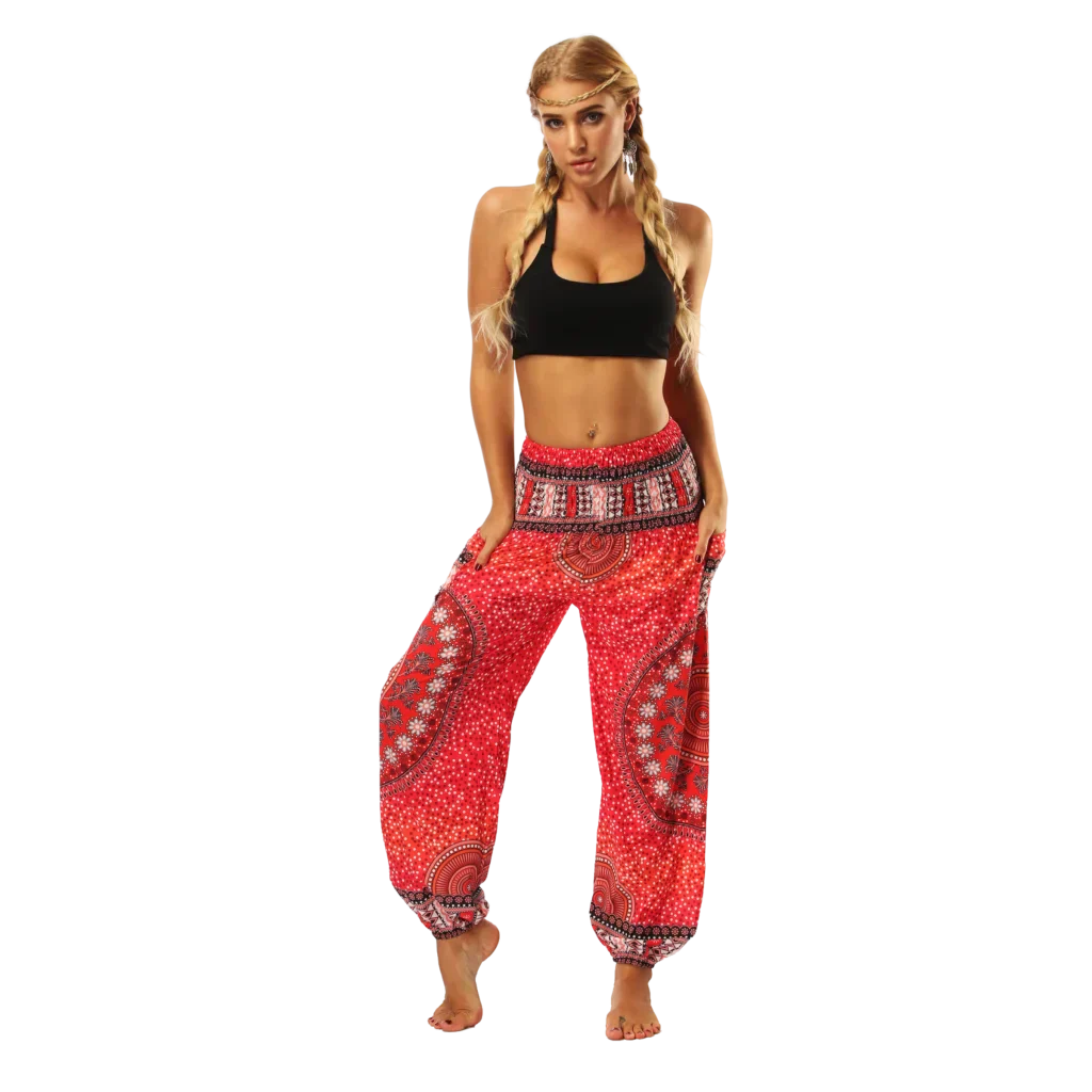 Red and white patterned harem pants with a mandala design, front view - DIGITAL PRINTED BOHO SMOCKED ALADDIN PANTS FOR LADIES