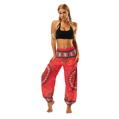 Red and white patterned harem pants with a mandala design, front view - DIGITAL PRINTED BOHO SMOCKED ALADDIN PANTS FOR LADIES