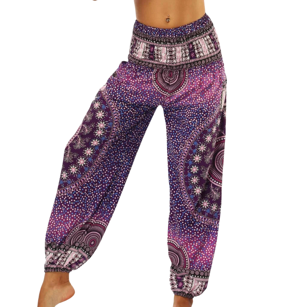 Purple and white patterned harem pants with a mandala design, front view -DIGITAL PRINTED BOHO SMOCKED ALADDIN PANTS FOR LADIES - Style A / One size