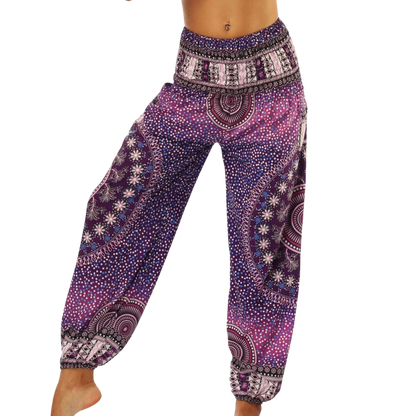 Purple and white patterned harem pants with a mandala design, front view -DIGITAL PRINTED BOHO SMOCKED ALADDIN PANTS FOR LADIES - Style A / One size