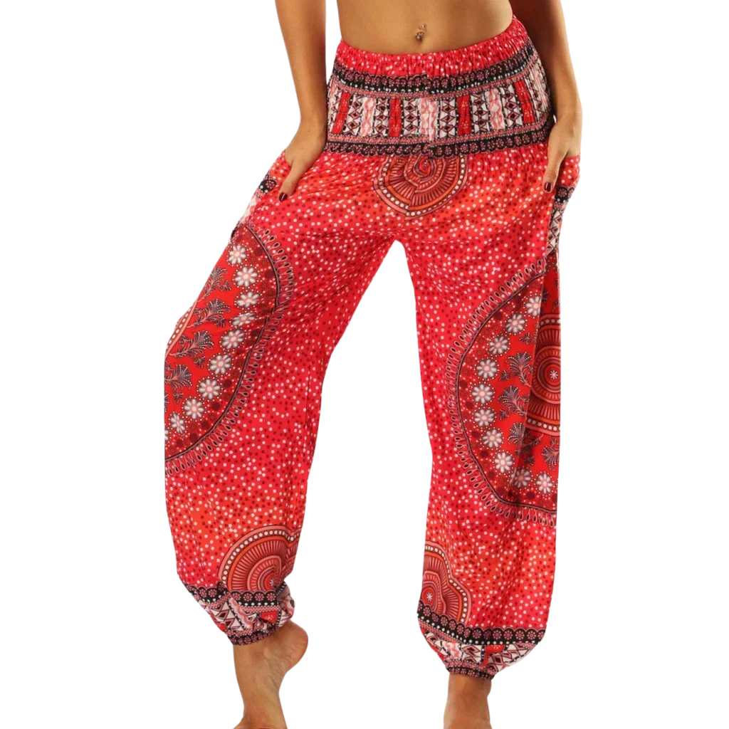 Red and white patterned harem pants with a mandala design, front view -DIGITAL PRINTED BOHO SMOCKED ALADDIN PANTS FOR LADIES - Style B / One size