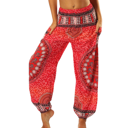 Red and white patterned harem pants with a mandala design, front view -DIGITAL PRINTED BOHO SMOCKED ALADDIN PANTS FOR LADIES - Style B / One size