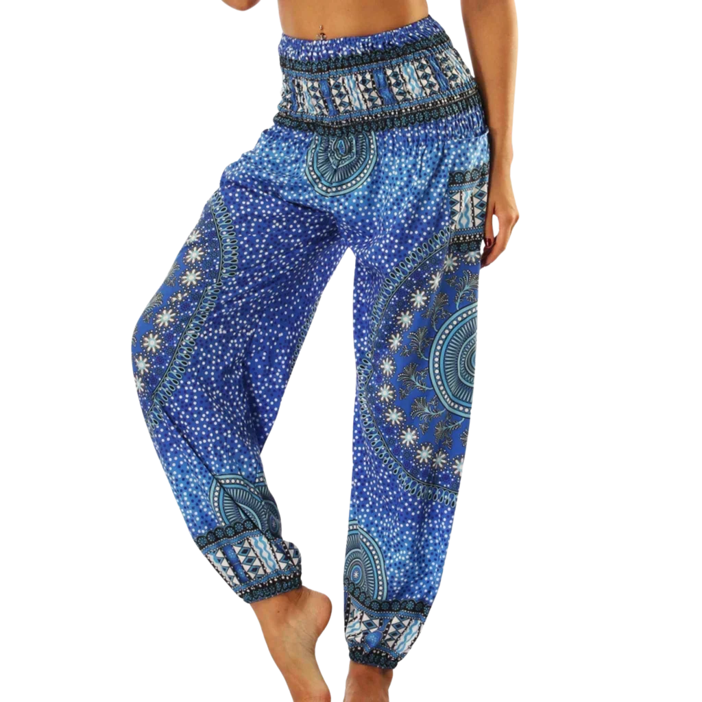 Blue and white patterned harem pants with a mandala design, front view -DIGITAL PRINTED BOHO SMOCKED ALADDIN PANTS FOR LADIES - Style C / One size