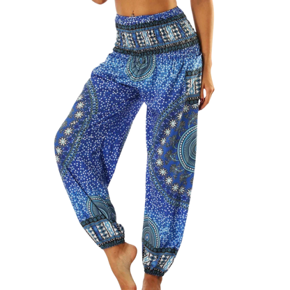 Blue and white patterned harem pants with a mandala design, front view -DIGITAL PRINTED BOHO SMOCKED ALADDIN PANTS FOR LADIES - Style C / One size