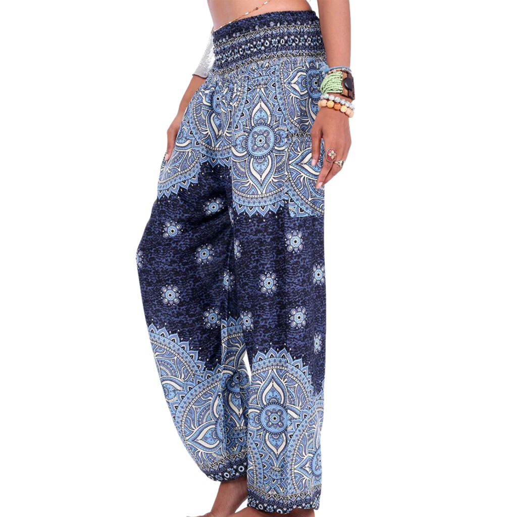 Blue and white patterned harem pants with a mandala design, front view -DIGITAL PRINTED BOHO SMOCKED ALADDIN PANTS FOR LADIES - Style E / One size