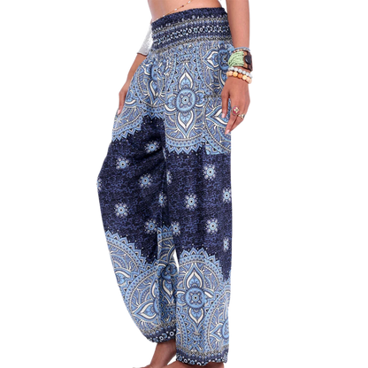 Blue and white patterned harem pants with a mandala design, front view -DIGITAL PRINTED BOHO SMOCKED ALADDIN PANTS FOR LADIES - Style E / One size