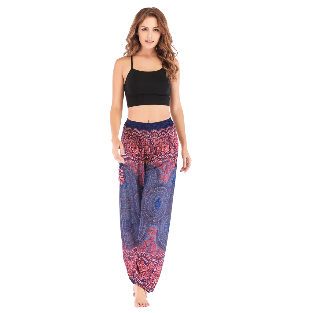 Patterned harem pants with a mandala print in Purple, Blue and pink paired with a black crop top, front view - ETHNIC PRINT SMOCKED ALADDIN PANTS FOR LADIES