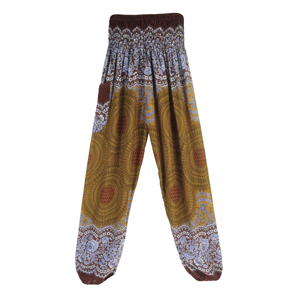 Patterned harem pants with a mandala print in Brown, Sand color and gray paired with a black crop top, front view - ETHNIC PRINT SMOCKED ALADDIN PANTS FOR LADIES