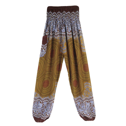 Patterned harem pants with a mandala print in Brown, Sand color and gray paired with a black crop top, front view - ETHNIC PRINT SMOCKED ALADDIN PANTS FOR LADIES