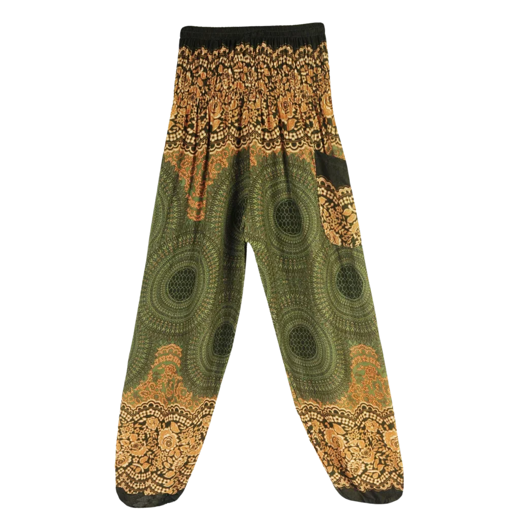 Patterned harem pants with a mandala print in Dark Green, Light green and yellow paired with a black crop top, front view - ETHNIC PRINT SMOCKED ALADDIN PANTS FOR LADIES