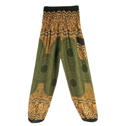 Patterned harem pants with a mandala print in Dark Green, Light green and yellow paired with a black crop top, front view - ETHNIC PRINT SMOCKED ALADDIN PANTS FOR LADIES