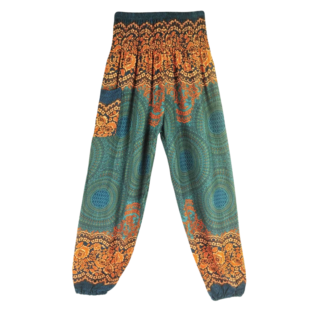 Patterned harem pants with a mandala print in Blue, yellow and green paired with a black crop top, front view - ETHNIC PRINT SMOCKED ALADDIN PANTS FOR LADIES