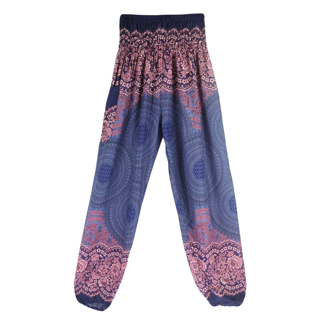 Patterned harem pants with a mandala print in Purple, gray and pink paired with a black crop top, front view - ETHNIC PRINT SMOCKED ALADDIN PANTS FOR LADIES