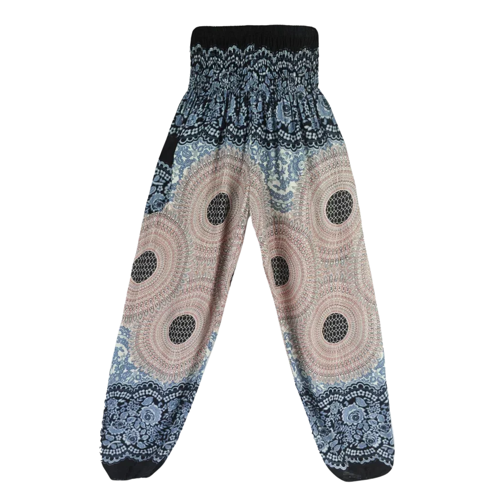 Patterned harem pants with a mandala print in Black, Peach and gray paired with a black crop top, front view - ETHNIC PRINT SMOCKED ALADDIN PANTS FOR LADIES