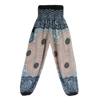 Patterned harem pants with a mandala print in Black, Peach and gray paired with a black crop top, front view - ETHNIC PRINT SMOCKED ALADDIN PANTS FOR LADIES