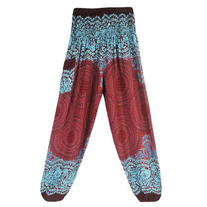 Patterned harem pants with a mandala print in Brown, Red and Sky blue paired with a black crop top, front view - ETHNIC PRINT SMOCKED ALADDIN PANTS FOR LADIES