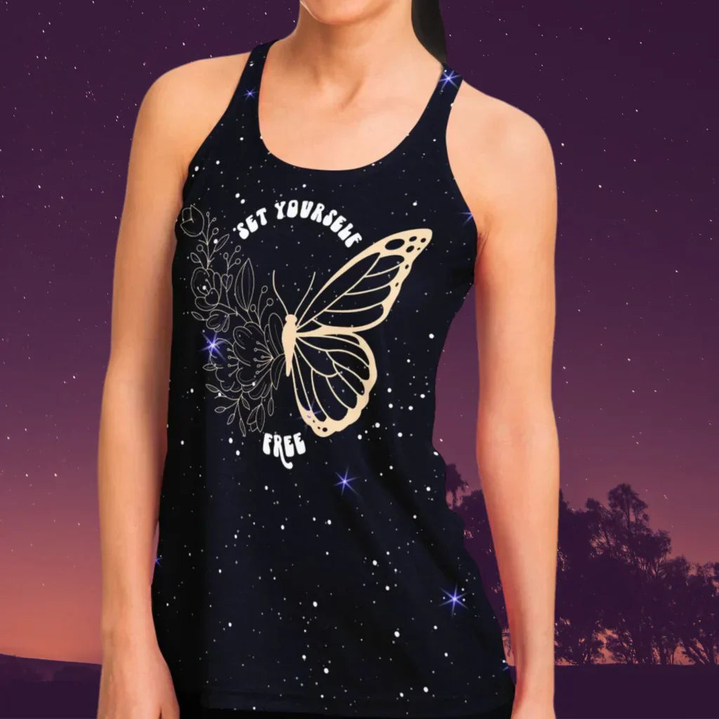 FLORAL BUTTERFLY TANK RACERBACK – YOGA TOP FOR WOMEN - Flowy Racerback Tank Top - AOP