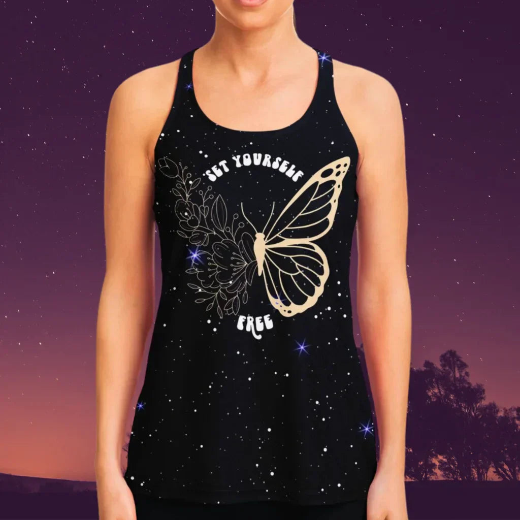 FLORAL BUTTERFLY TANK RACERBACK – YOGA TOP FOR WOMEN - Flowy Racerback Tank Top - AOP