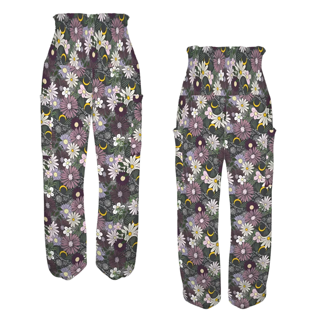 Floral print palazzo pants with a dark background and daisy pattern, front-back view - FLOWER PLANCHETTE ALADDIN PANTS FOR LADIES