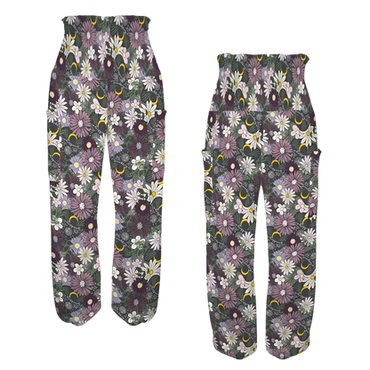 Floral print palazzo pants with a dark background and daisy pattern, front-back view - FLOWER PLANCHETTE ALADDIN PANTS FOR LADIES