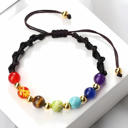 HANDWOVEN CHAKRA BEAD BRACELET FOR ENERGY & BALANCE - Dark Brown / Gold - Bracelet