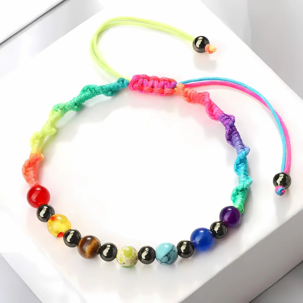 HANDWOVEN CHAKRA BEAD BRACELET FOR ENERGY & BALANCE - Rainbow Color / Gun Black - Bracelet