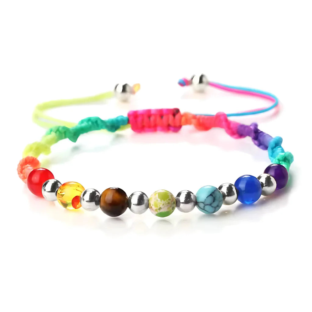 HANDWOVEN CHAKRA BEAD BRACELET FOR ENERGY & BALANCE - Rainbow Color / Silver - Bracelet