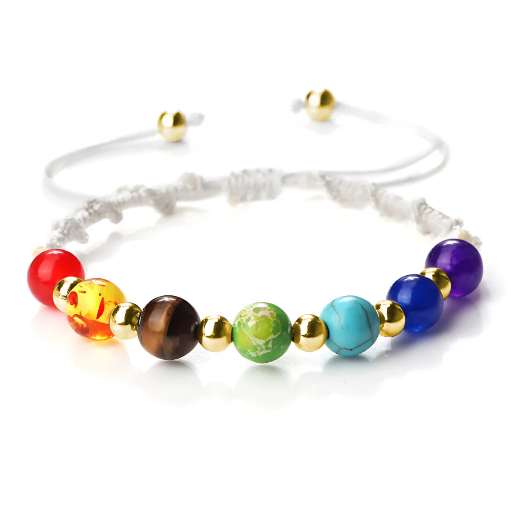 HANDWOVEN CHAKRA BEAD BRACELET FOR ENERGY & BALANCE - White / Gold - Bracelet