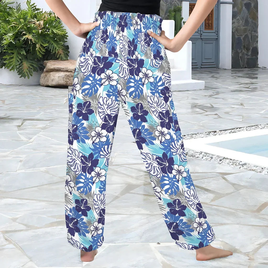 Floral print harem pants in blue, white and purple tones, back view - HIBISCUS FLORAL ALADDIN PANTS FOR LADIES